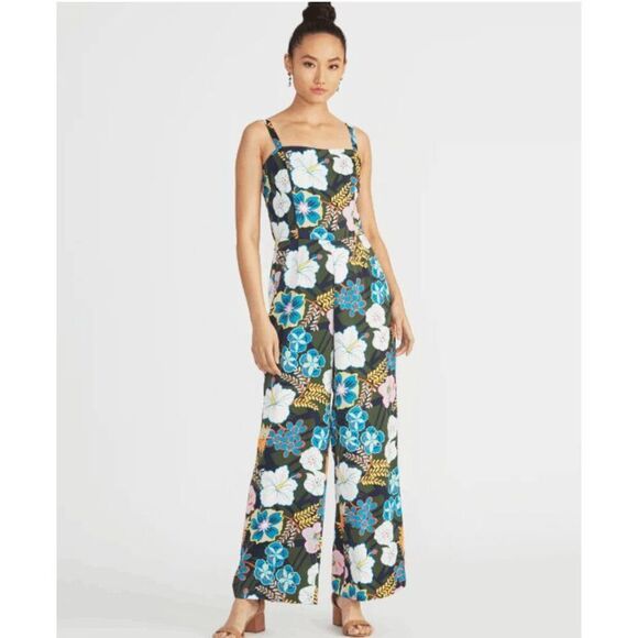 Rachel Roy Zandra Jumpsuit Sleeveless Smocked Zipper Back Black Floral Size 2 - Picture 1 of 16